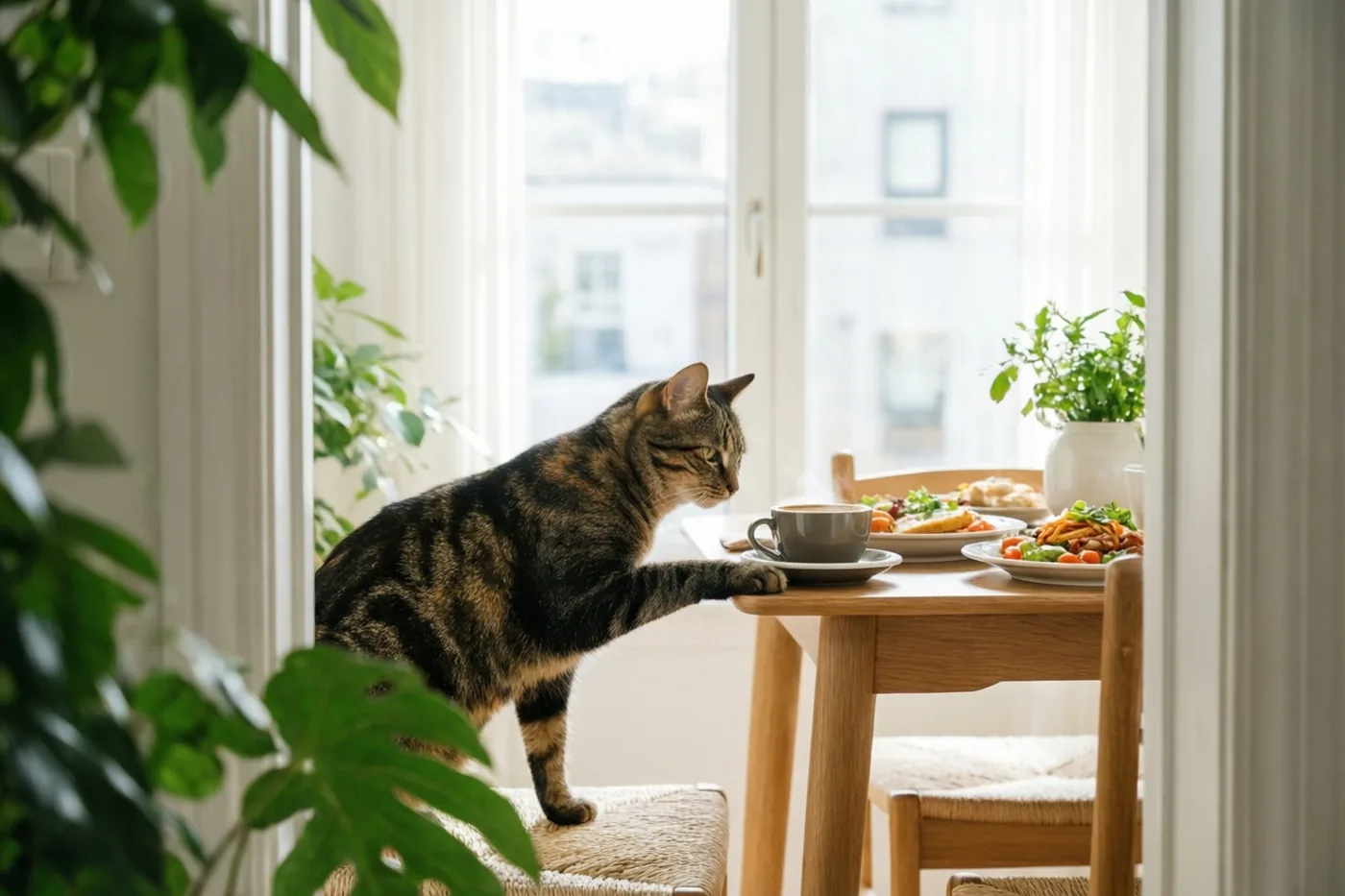 Een tijgerkat staat op een gevlochten stoel en duwt met haar poot een grijze koffiekop naar de rand van een houten ontbijttafel, in een lichte kamer met groene planten en een raam.