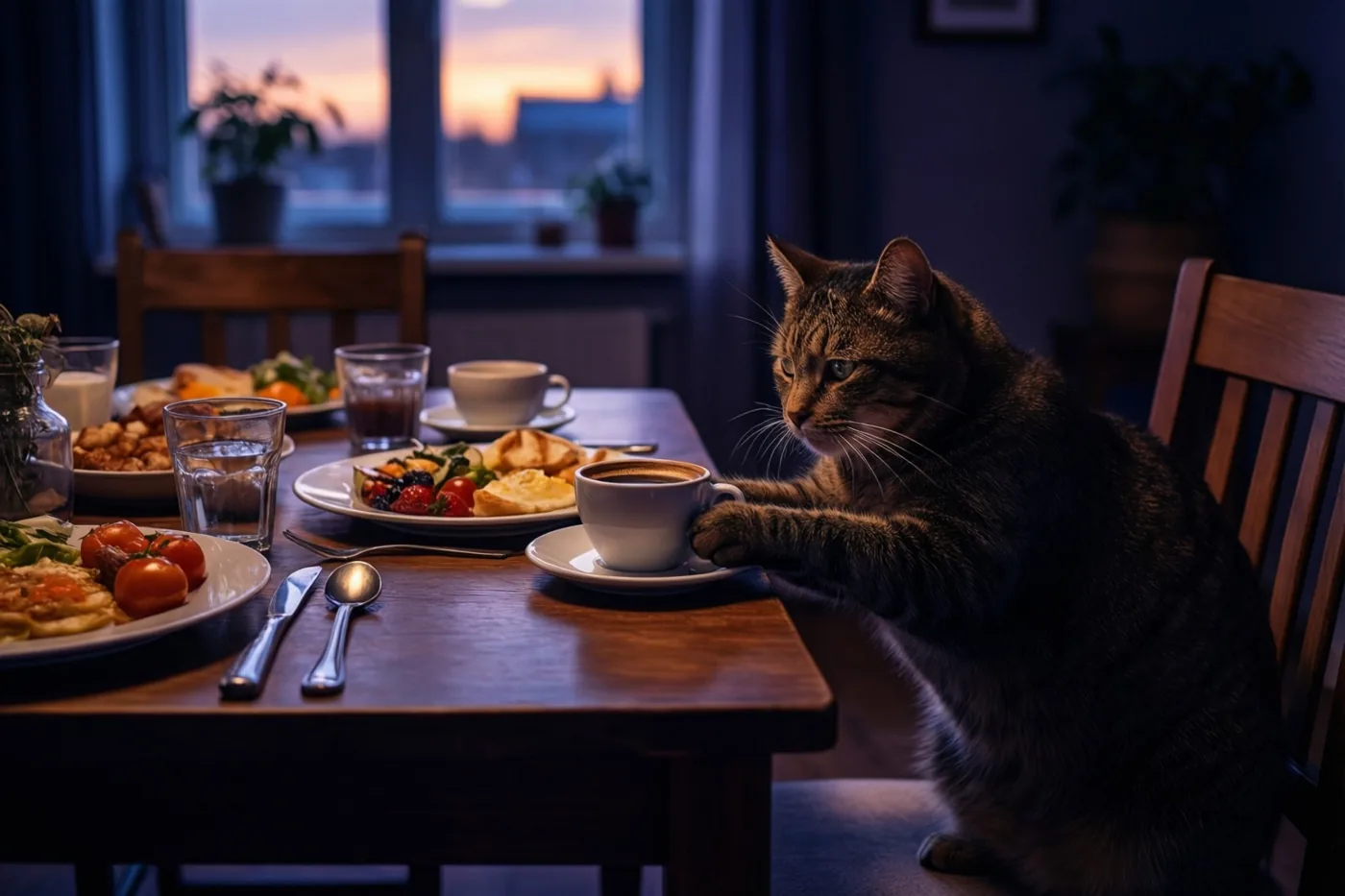 Een tijgerkat zit aan een houten ontbijttafel en duwt met haar poot tegen een koffiekop, in een schemerige kamer met warm licht van de zonsopgang door het raam.