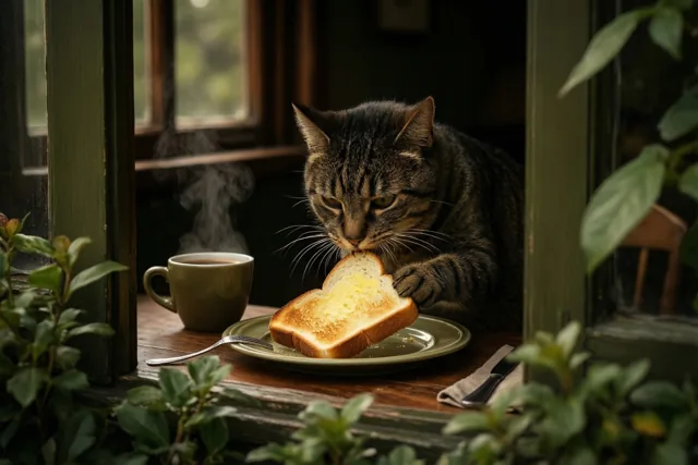 Ontbijt aan het raam, met kat