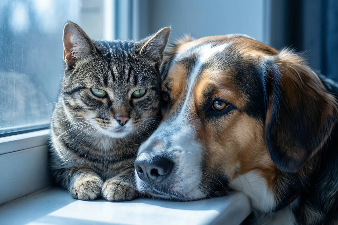 Een gestreepte kat en een driekleurige hond liggen tegen elkaar op een vensterbank in fel zonlicht, met grijze, bruine en witte tinten.