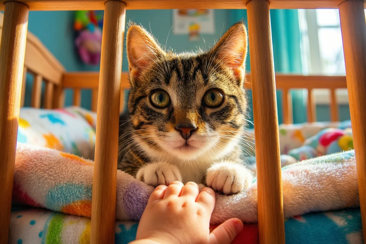 Een gestreepte kat met groene ogen kijkt door de houten spijlen van een babybedje, met de poten op een kleurrijke deken en onderaan een kinderhandje dat naar de kat reikt.