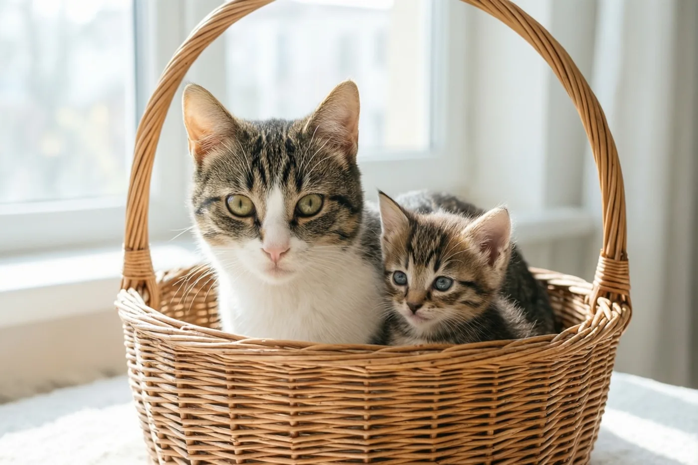 Een moederkat en haar kitten zitten samen in een rieten mand bij een raam in zacht daglicht.