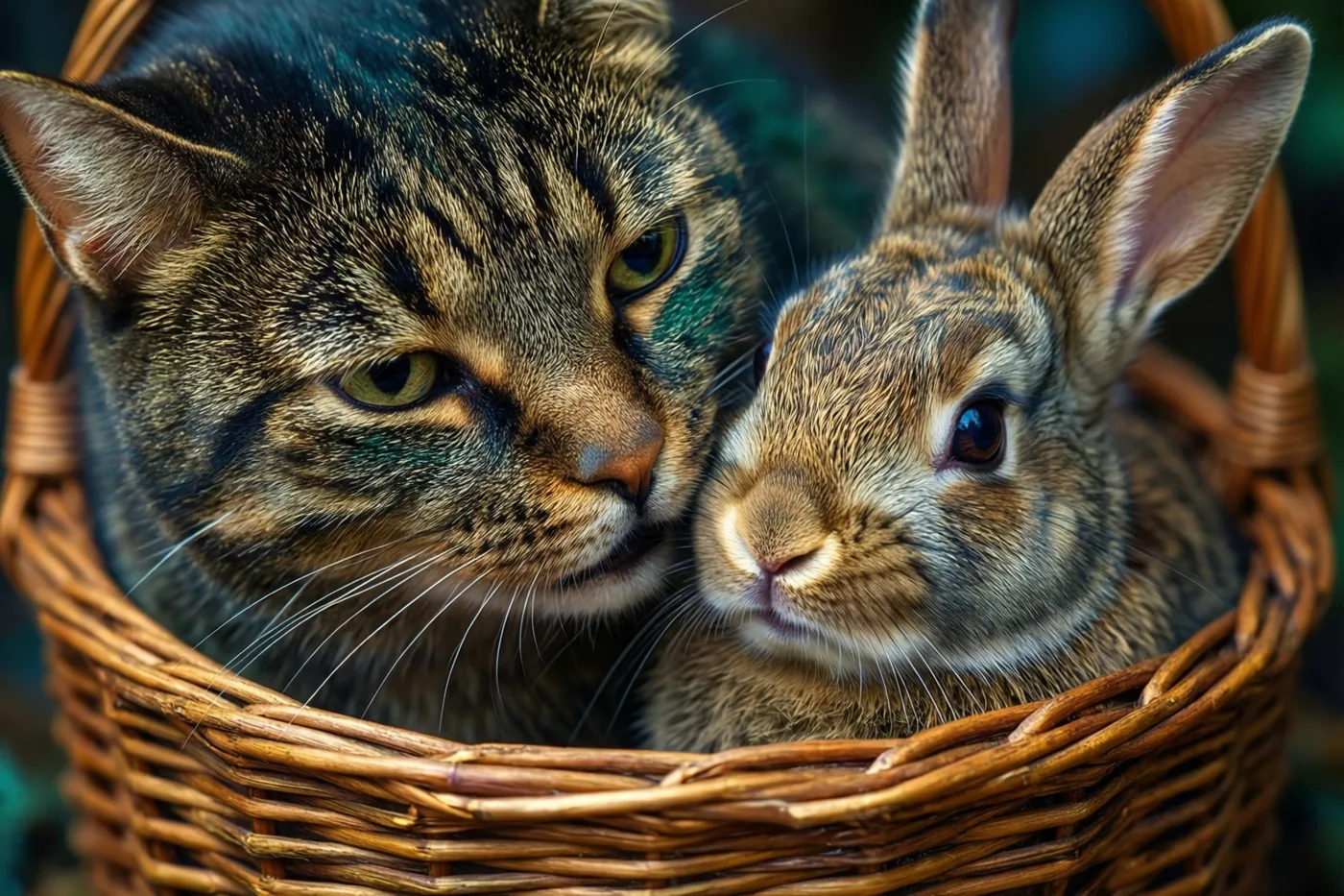 Een tijgerkat en een bruin konijn liggen dicht tegen elkaar in een gevlochten rieten mand, omgeven door warme bruine en groene tinten.