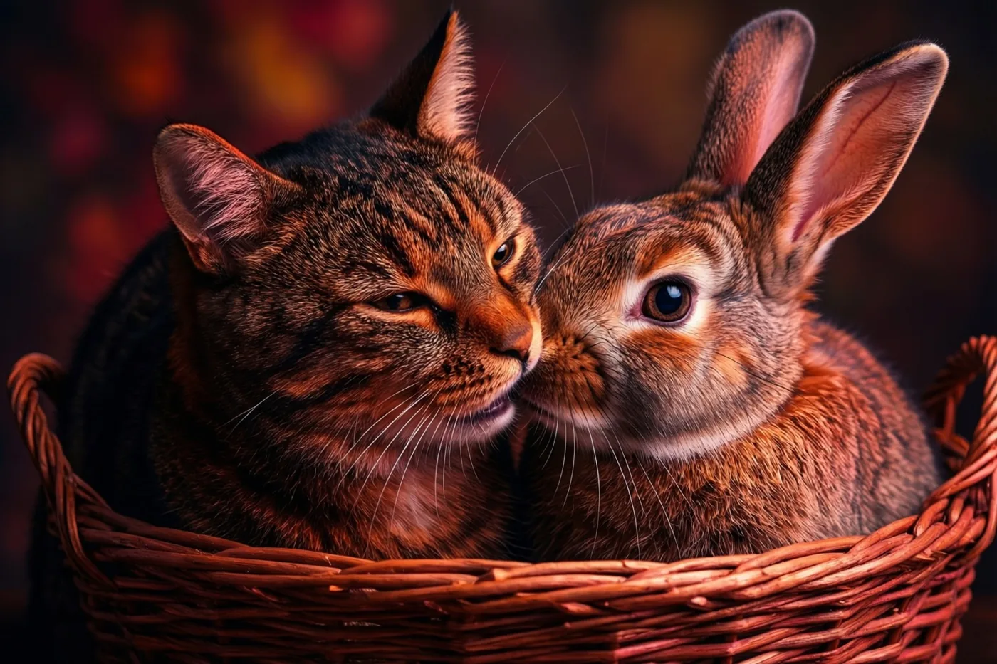 Een tijgerkat en een bruin konijn liggen samen in een gevlochten mand met hun snoetjes tegen elkaar, in warm licht met rode en bruine tinten.
