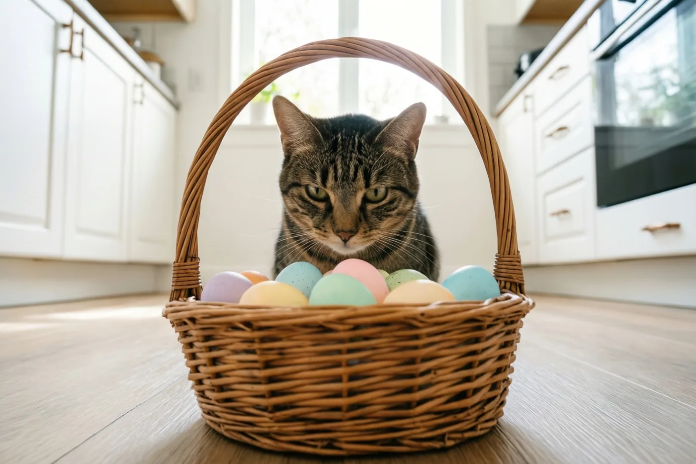 Een gestreepte kat kijkt over de rand van een rieten mand vol paaseieren in pastelkleuren op een houten keukenvloer, helder verlicht door daglicht uit een raam.