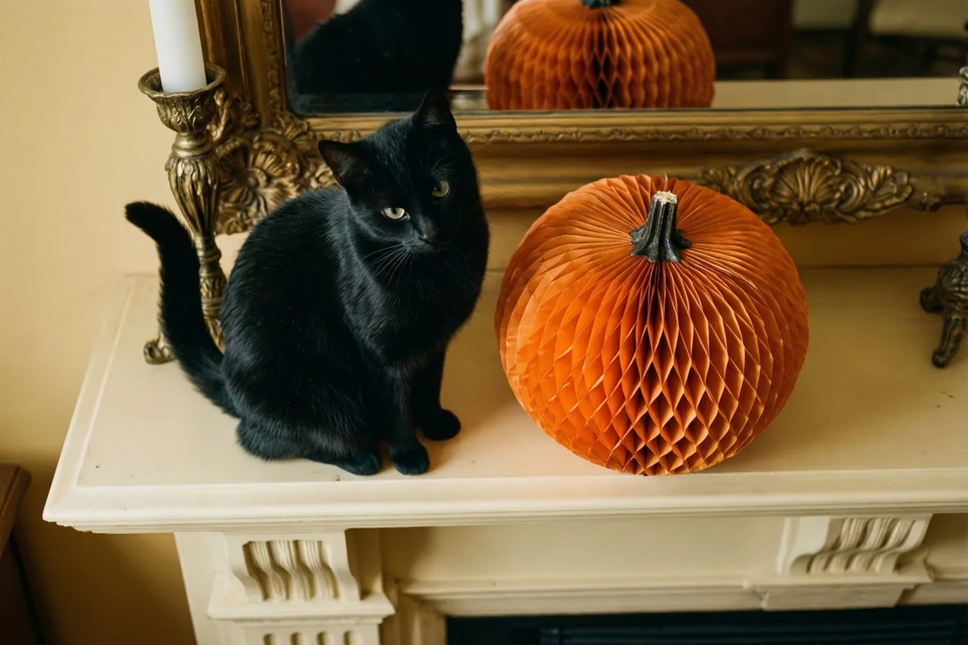 Een zwarte kat zit naast een oranje papieren pompoen met honingraatstructuur op een oude schouwmantel, met een spiegel in een gouden lijst erachter.