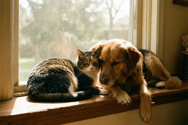 Kat en hond delen zonneschijn