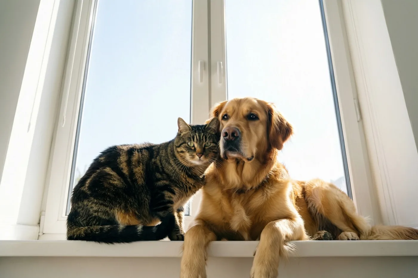 Een gestreepte kat en een golden retriever zitten tegen elkaar op een witte vensterbank in het felle zonlicht van een groot raam.