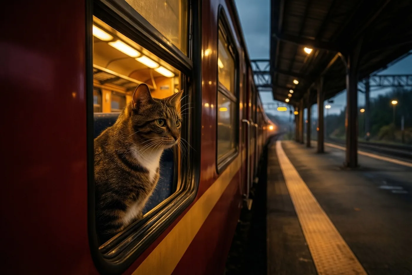 Een gestreepte kat met een witte borst kijkt uit een open raam van een vertrekkende trein, met warme trein- en stationslichten onder een blauwe schemerlucht.