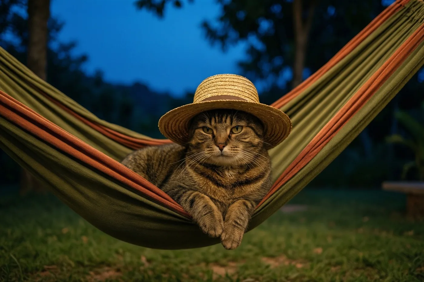 Een tijgerkat met een strohoed ligt bij schemering in een groen-oranje gestreepte hangmat, met een blauwe lucht en bomen op de achtergrond.