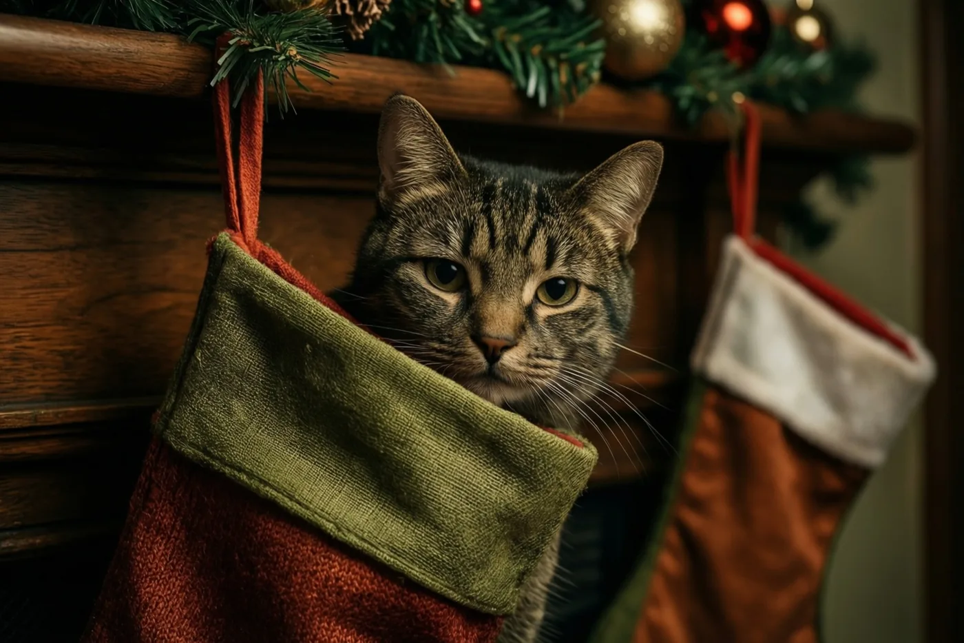 Een gestreepte kat kijkt uit een groen-rode kerstkous aan een houten schouwmantel met een feestelijke slinger in warm licht.