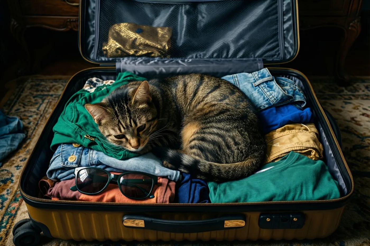 Een cyperse kat ligt opgekruld in een open, half ingepakte koffer met zomerkleren en een zonnebril, op een tapijt met een patroon in warm licht.