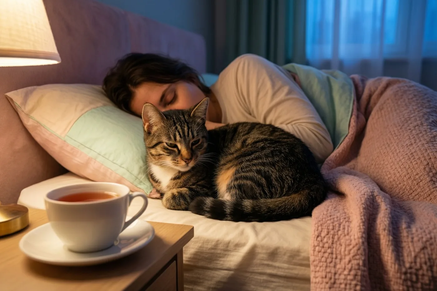 Een gestreepte kat ligt opgekruld op bed naast een slapend persoon, met thee op het nachtkastje in het zachte licht van een bedlampje.