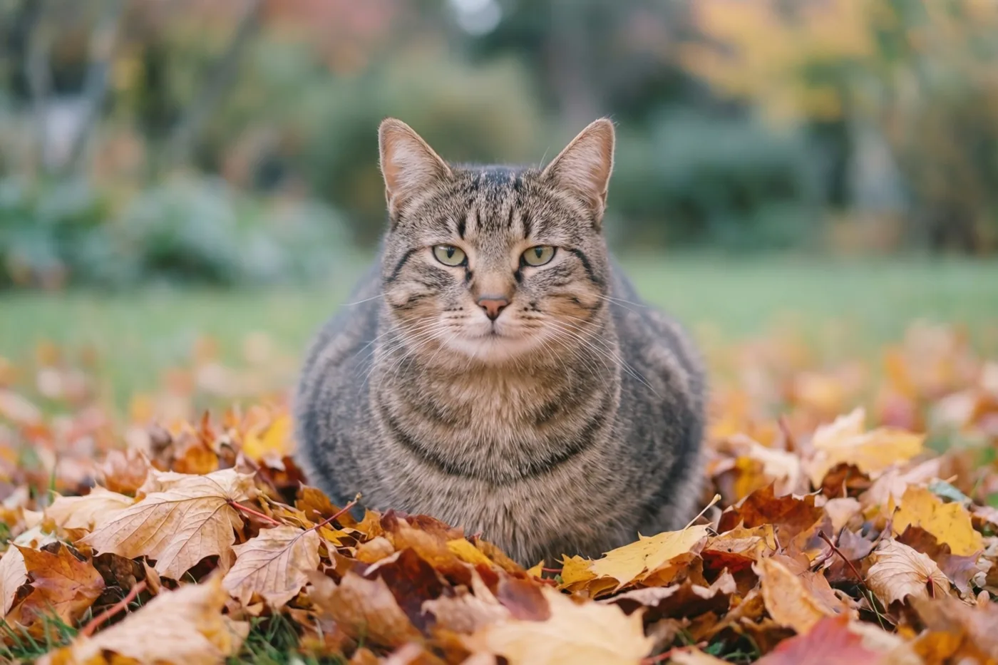 Een getijgerde kat zit in een hoop herfstbladeren in een tuin met warme herfstkleuren.