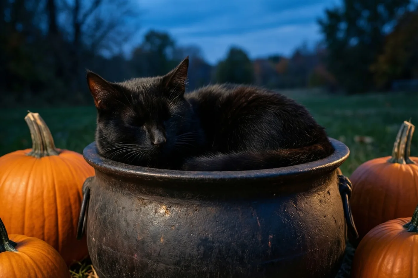 Een zwarte kat slaapt opgerold in een grote, donkere, verweerde ketel die buiten in de schemering tussen oranje pompoenen staat.