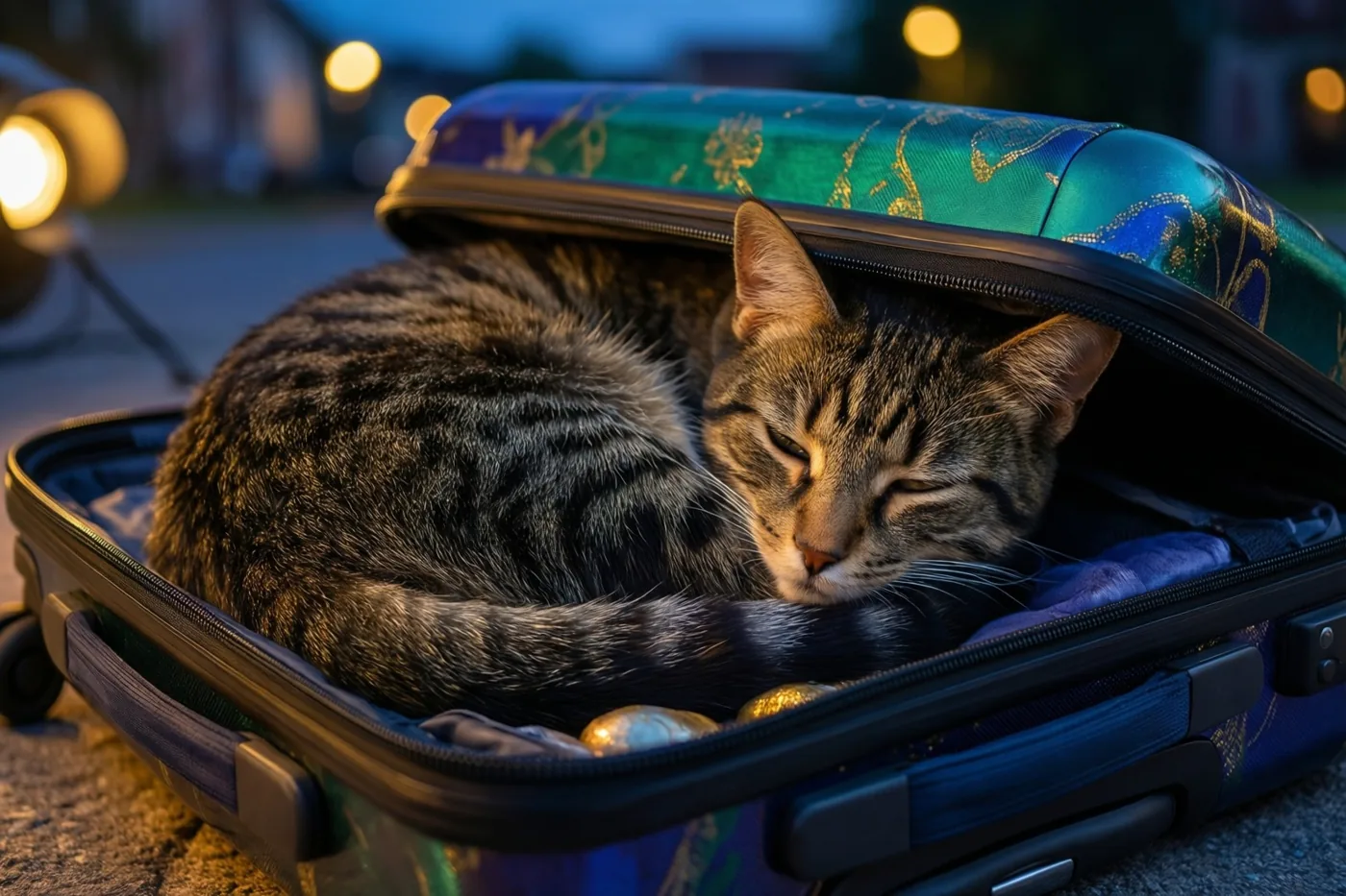 Een tijgerkat slaapt opgerold in een open koffer met een patroon op straat bij schemering, verlicht door warme straatlampen.