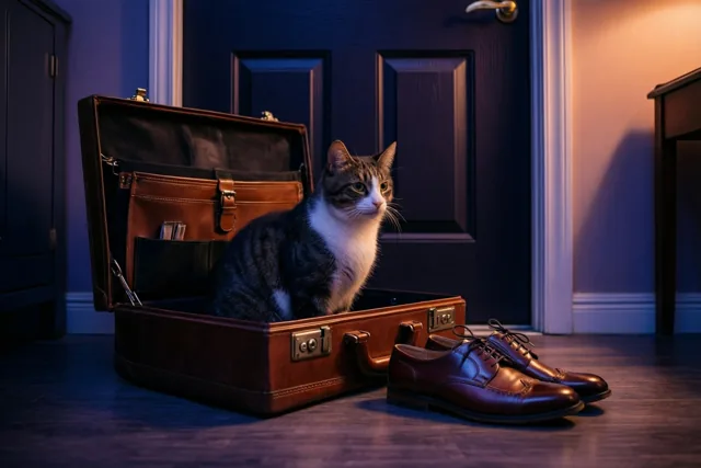 Een gestreepte kat met een witte borst zit in een open bruine leren aktetas op een houten vloer bij een donkere voordeur.