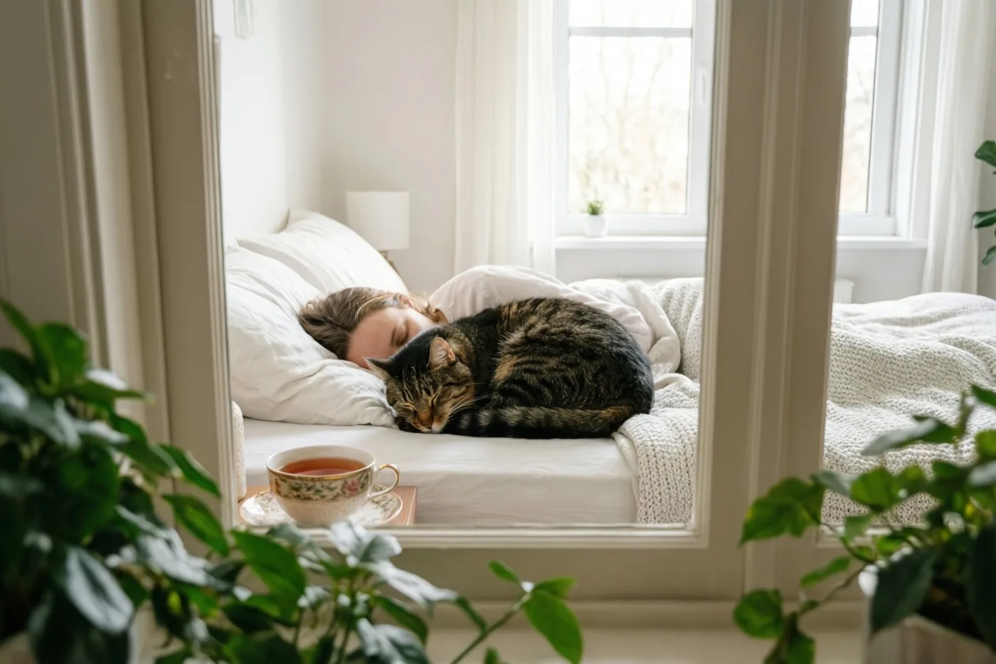 Door een omlijsting is een lichte slaapkamer te zien waar een gestreepte kat en een persoon op bed rusten, met thee op het nachtkastje en groene planten op de voorgrond.