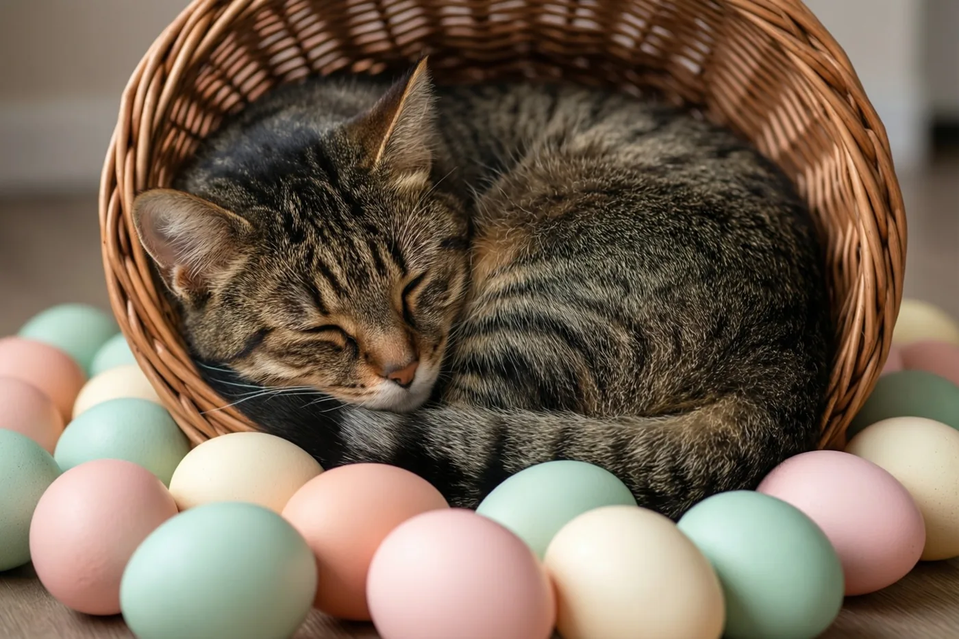 Een gestreepte kat slaapt opgekruld in een gevlochten rieten mand, met pastelkleurige paaseieren eromheen op een houten vloer in zacht licht.
