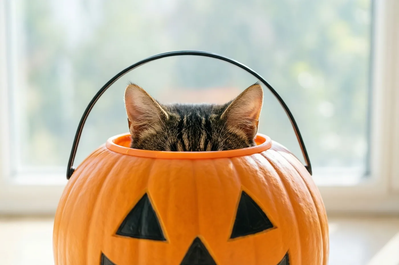 Een gestreepte kat zit in een oranje plastic pompoenemmertje bij een raam, met de oren boven de rand in zacht daglicht.