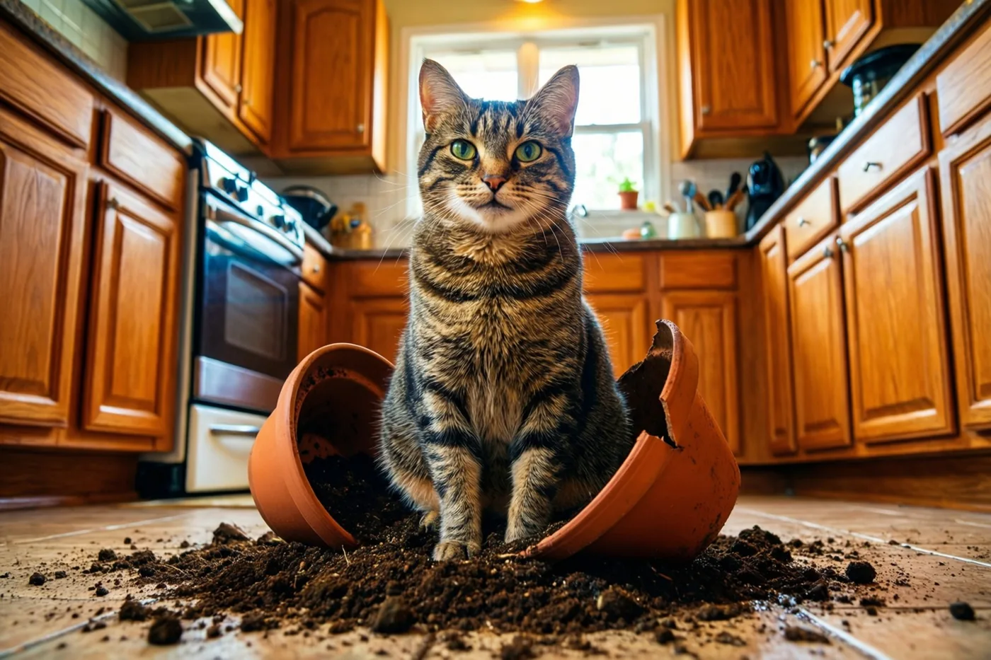 Een gestreepte kat zit trots in een gebroken terracotta bloempot tussen gemorste aarde, in een warm verlichte keuken met houten kasten en een raam.