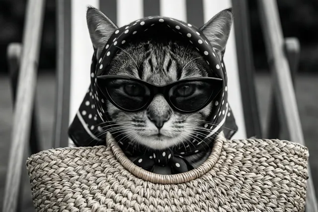 Een zwart-witbeeld toont een gestreepte kat met een cat-eye-zonnebril en een hoofddoek met stippen in een geweven strotas op een gestreepte ligstoel.