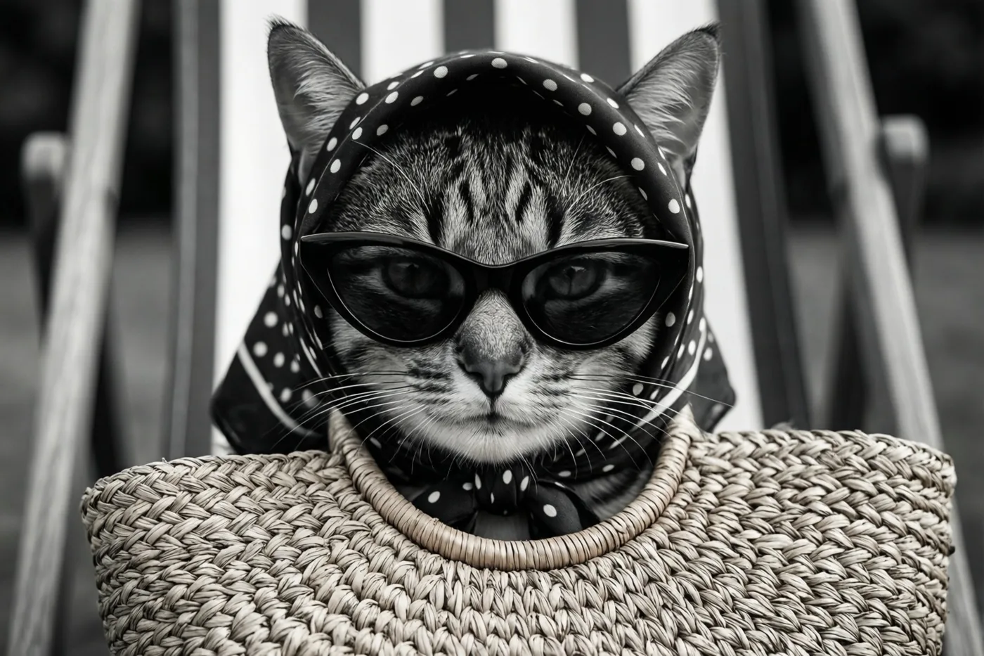 Een zwart-witbeeld toont een gestreepte kat met een cat-eye-zonnebril en een hoofddoek met stippen in een geweven strotas op een gestreepte ligstoel.