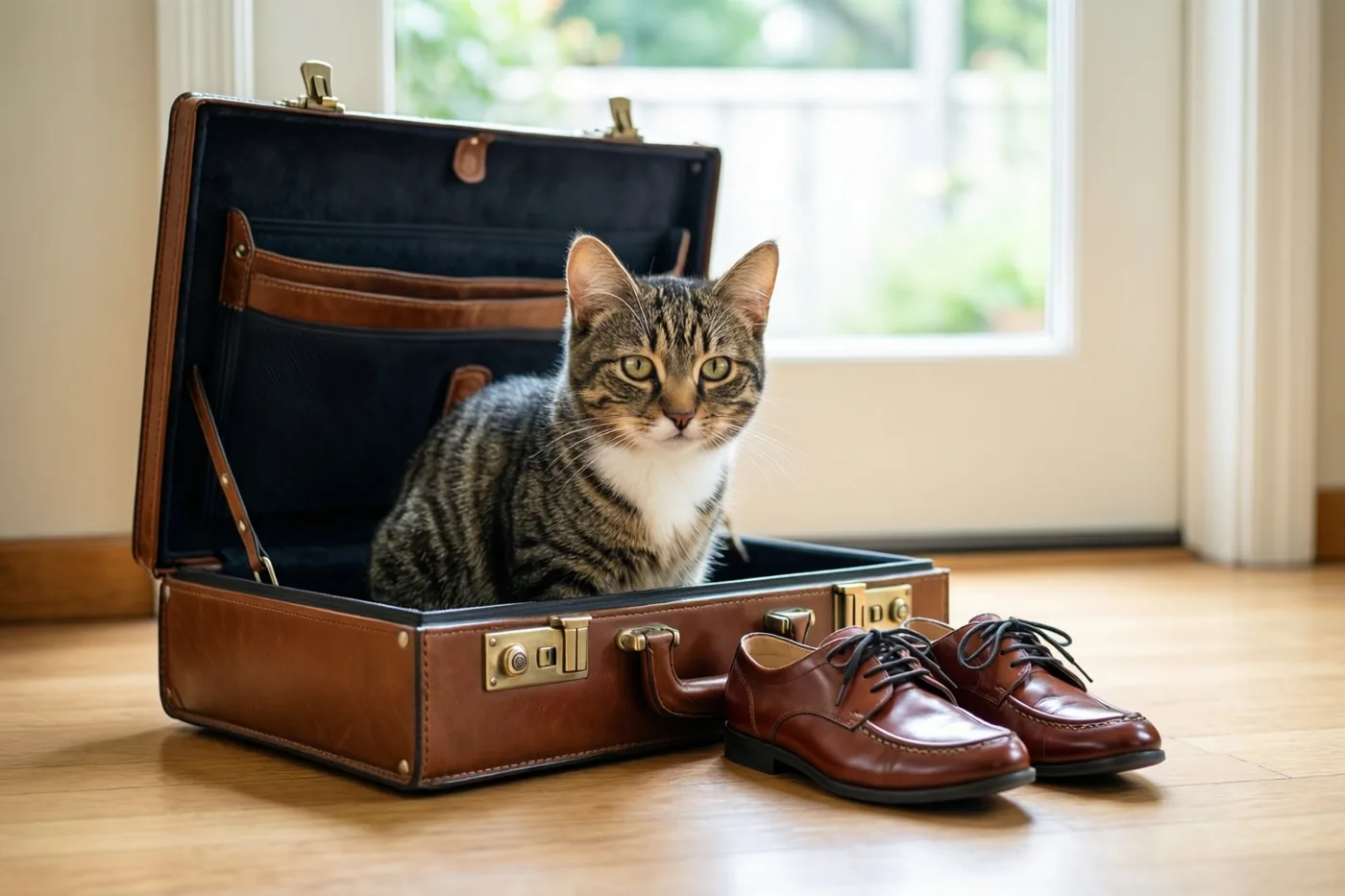 Een gestreepte kat met een witte borst zit in een open bruine leren aktetas op een houten vloer, met gepoetste bruine geklede schoenen ernaast en een raam en deur op de achtergrond.