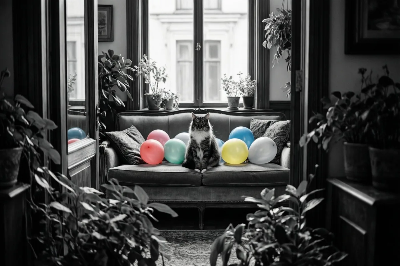 Een kat zit rechtop op een donkere zetel tussen kleurrijke ballonnen, kamerplanten en grote ramen in een verder zwart-witte kamer.