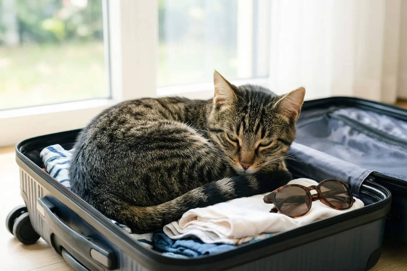 Een cyperse kat ligt opgekruld in een open zwarte koffer met opgevouwen zomerkleren en een zonnebril, bij een raam met natuurlijk licht.