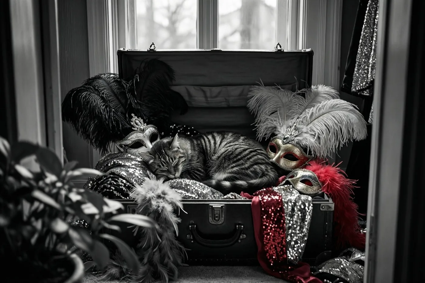 Een gestreepte kat slaapt in een open zwarte koffer met carnavalskostuums, verenboa’s en maskers bij een raam, in een monochroom beeld met rode en zilveren pailletten als accenten.