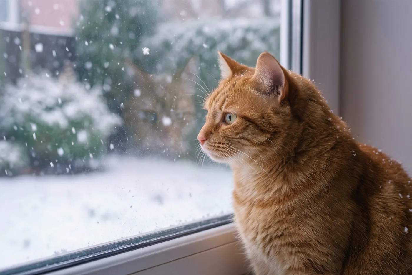 Een rosse kat zit binnen op een vensterbank en kijkt naar sneeuwvlokken die de tuin bedekken, in witte en groene wintertinten.
