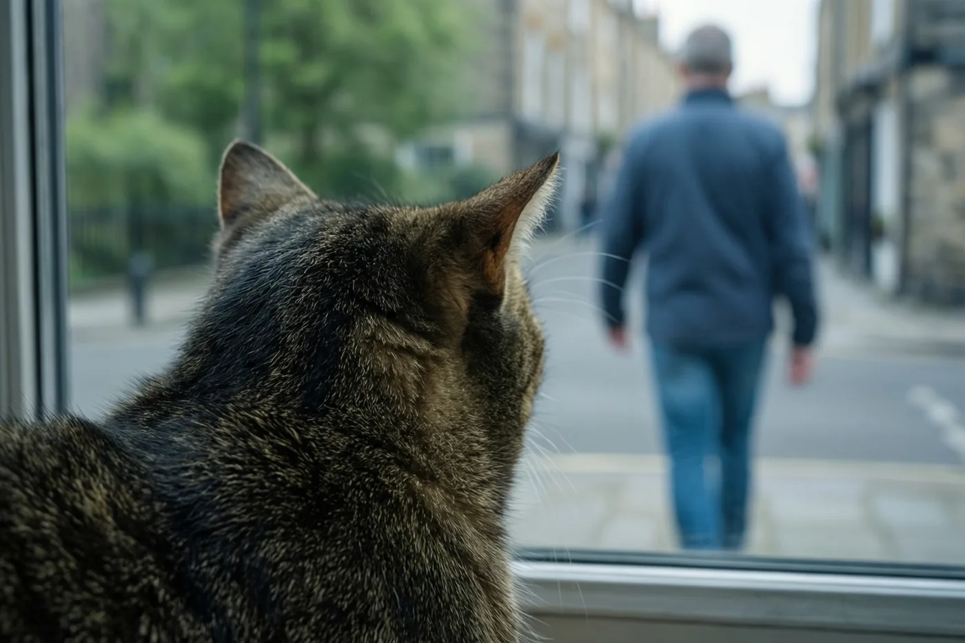 Een gestreepte kat zit met haar rug naar de kijker op een vensterbank en kijkt naar iemand die wegwandelt door een woonstraat met groen en gebouwen.