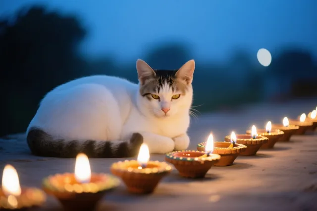 Een kat onder de Diwali-maan