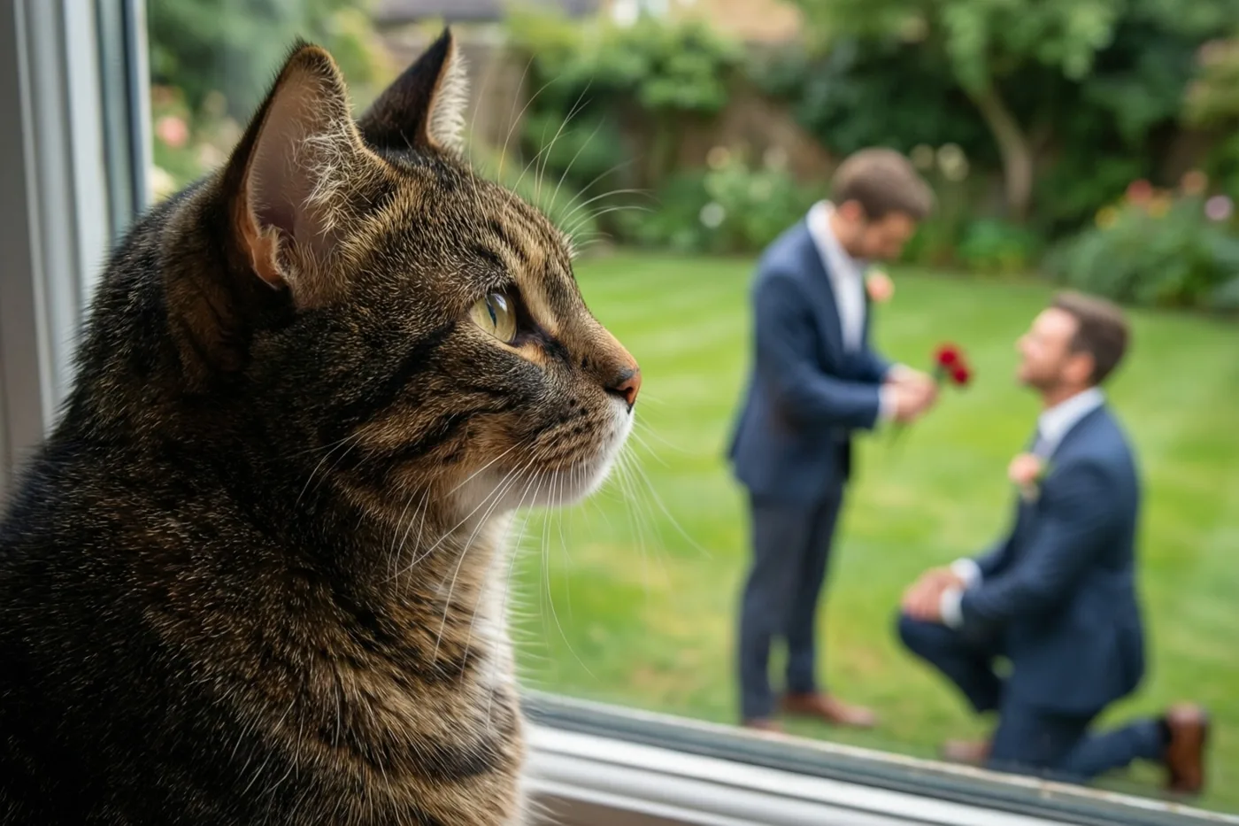Een gestreepte kat zit op een vensterbank en kijkt naar twee mannen in pak in een groene tuin, van wie er één knielt met een rode roos terwijl de andere naast hem staat.