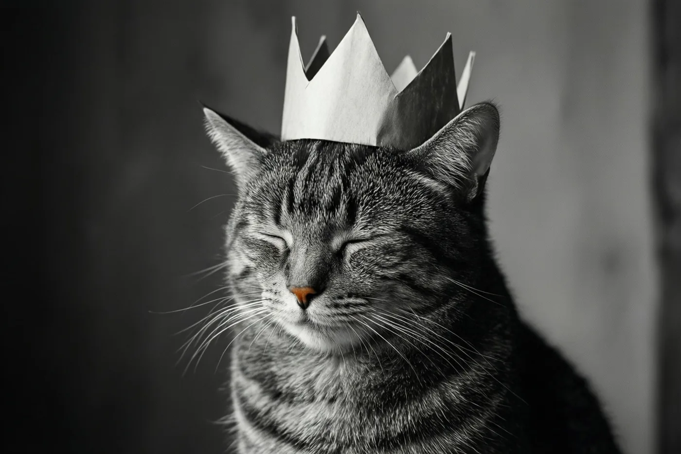 Een gestreepte kat met gesloten ogen draagt een papieren kroon die over haar ogen is gezakt, op een zwart-witfoto met een donkere, wazige achtergrond.