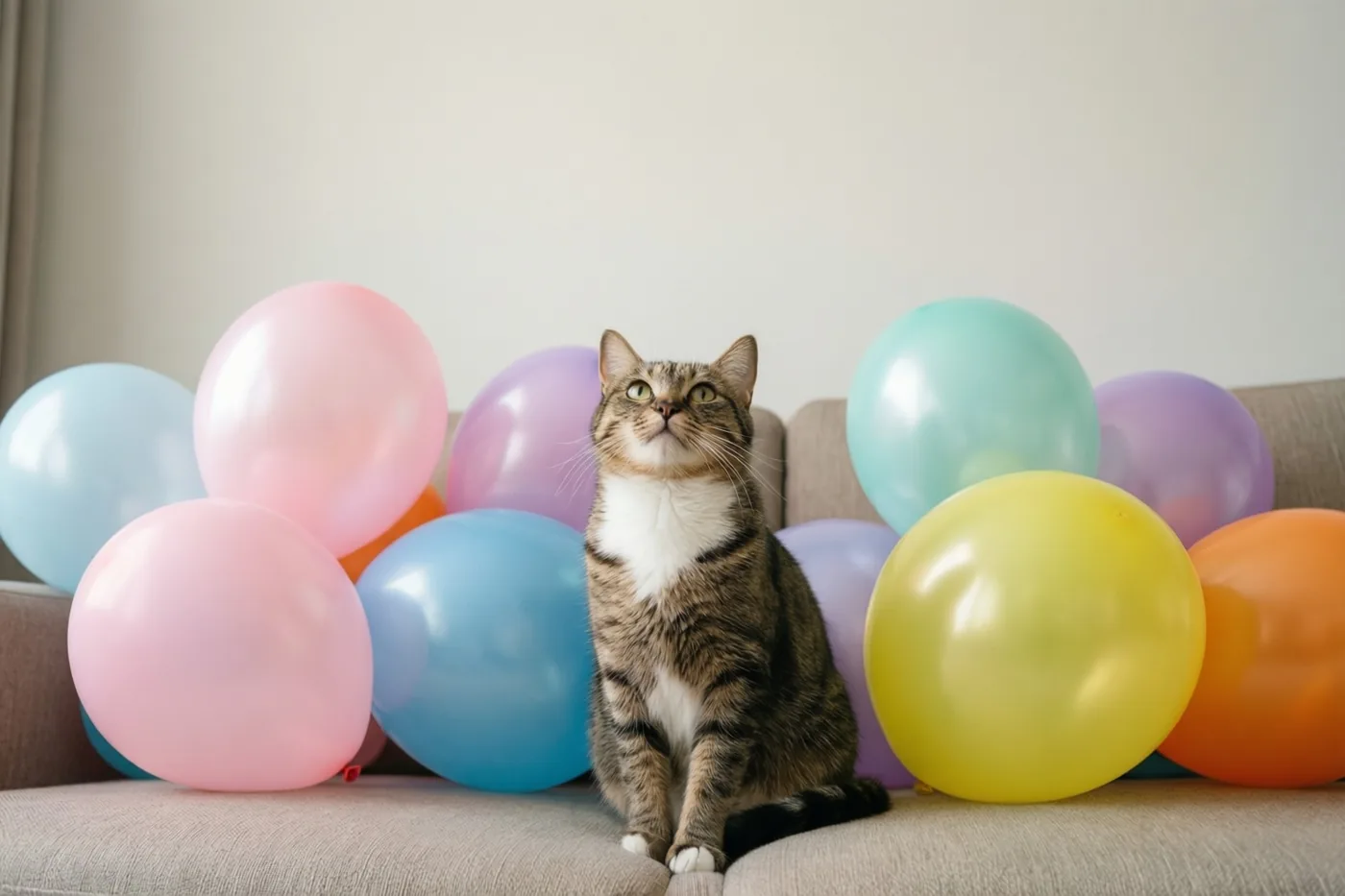 Een gestreepte kat met witte borst zit rechtop op een beige zetel tussen talrijke ballonnen in pastelkleuren en felle tinten.
