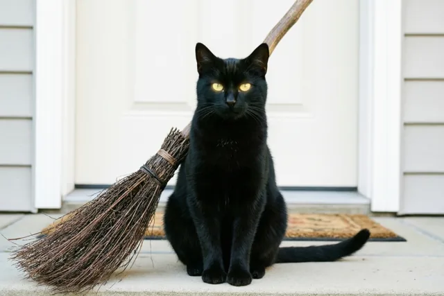 De kat bewaakt de bezem