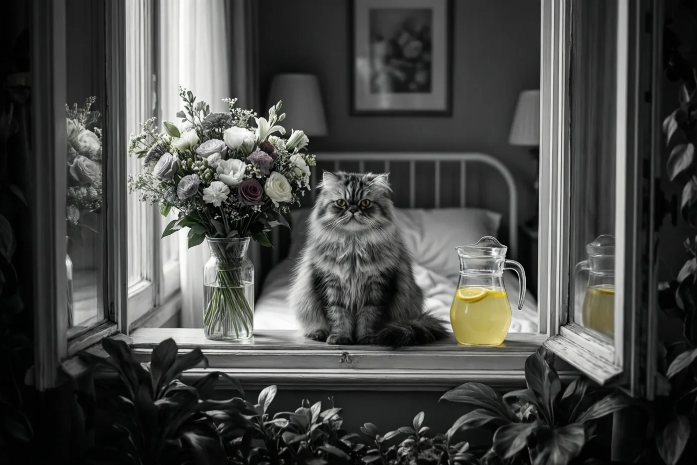 Een Perzische kat zit op een vensterbank naast bloemen en een kan citroenwater, met een bed op de achtergrond, in een grotendeels monochroom beeld waarin de gele drank en kattenogen kleur hebben.