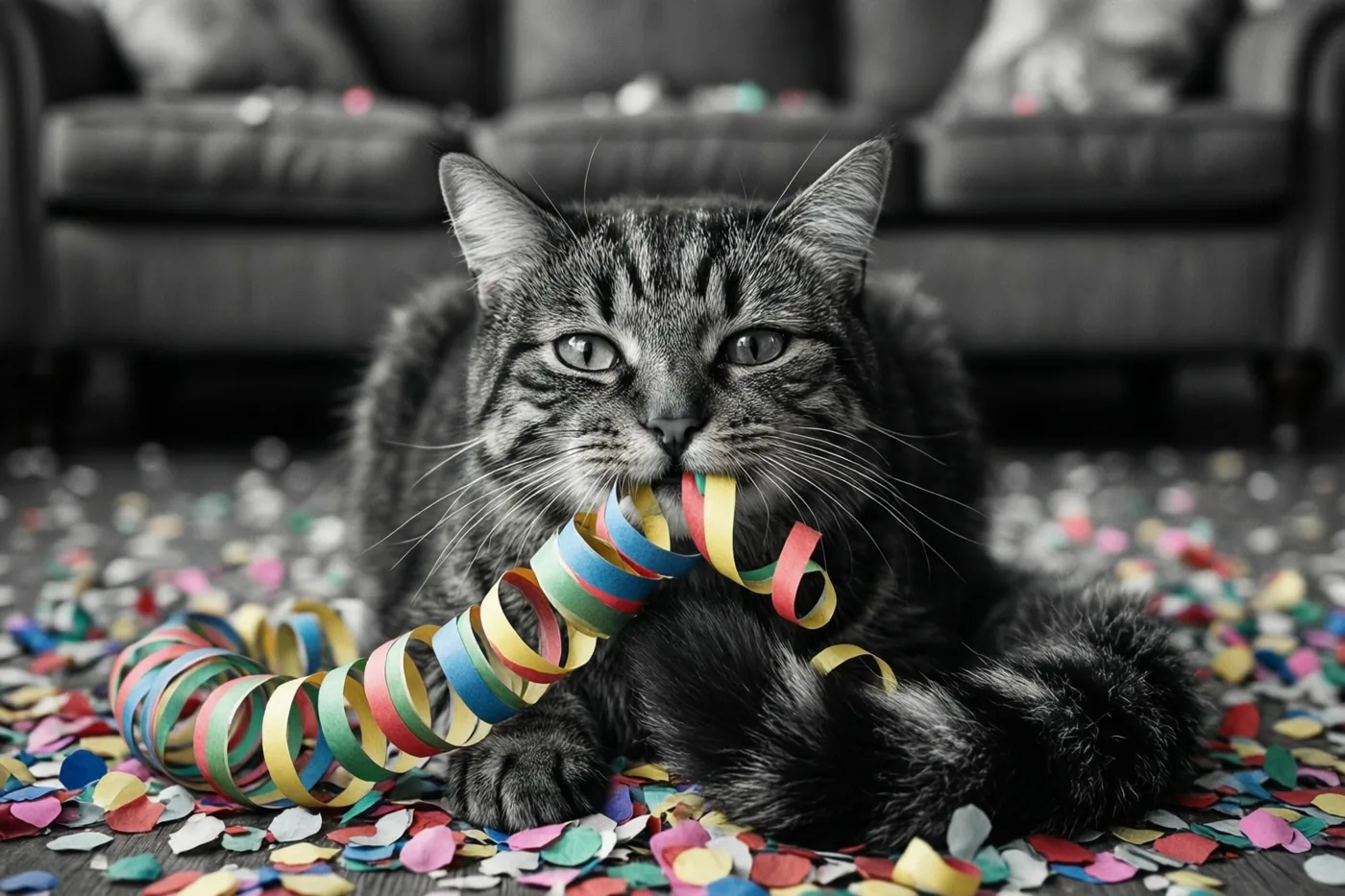 Een gestreepte kat ligt op een woonkamervloer met een opgerolde papieren serpentijn in haar bek, waarbij de kat en de kamer zwart-wit zijn en de confetti en serpentijn gekleurd.
