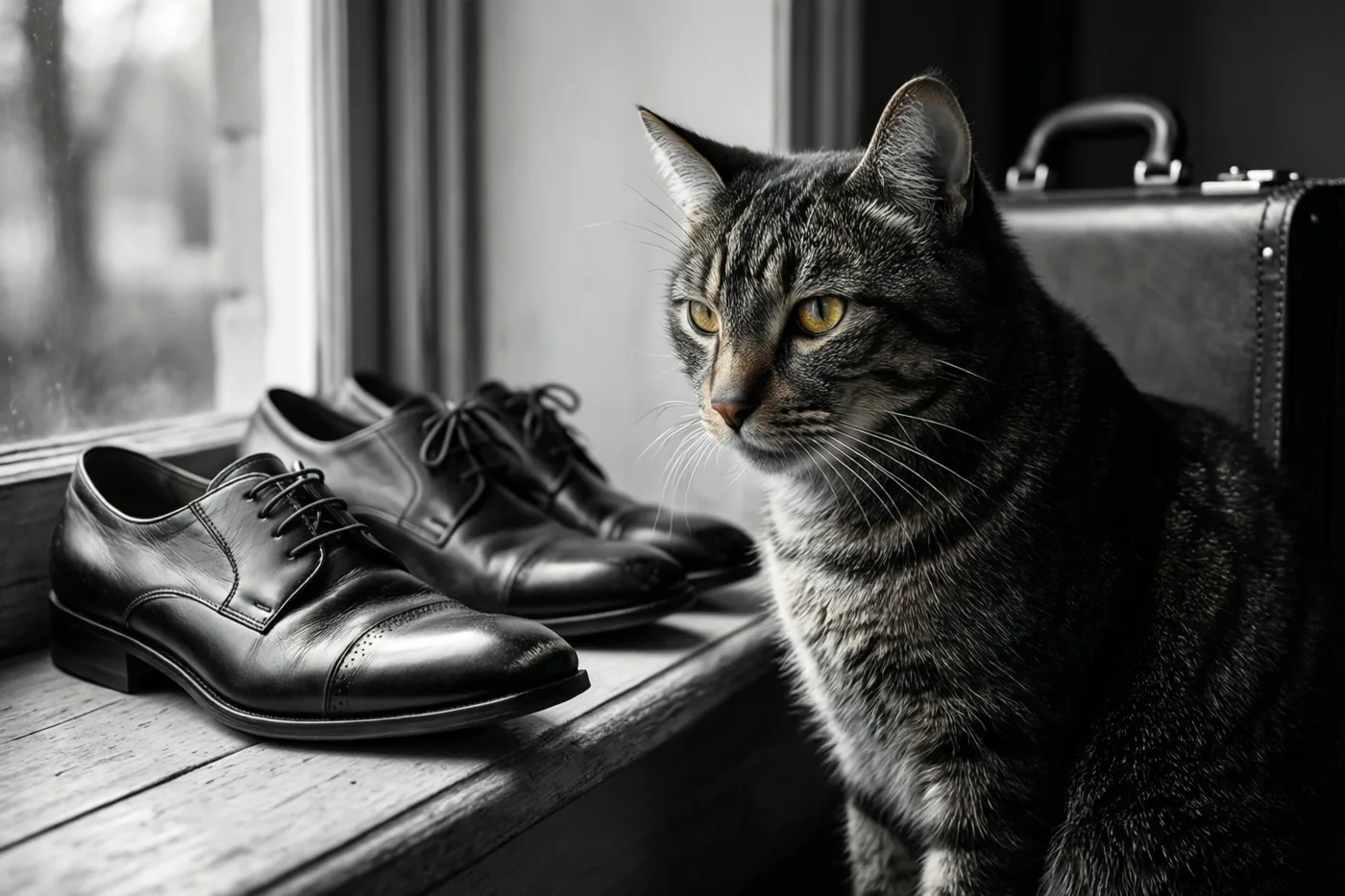 Een gestreepte kat met gele ogen zit op een vensterbank en kijkt naar opgepoetste zwarte schoenen en een aktetas in een verder zwart-wit beeld.