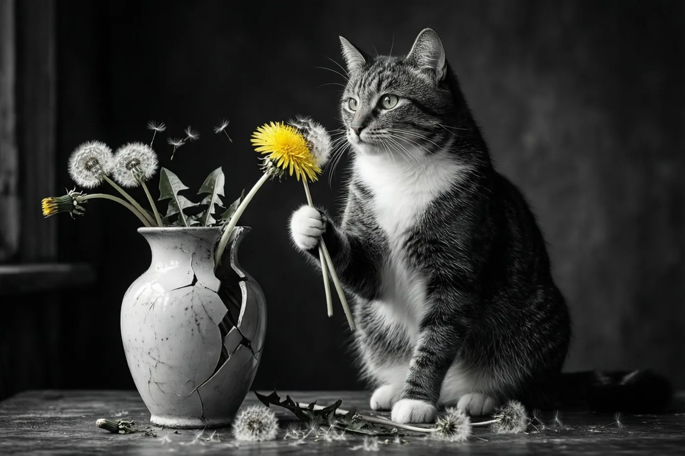 Een gestreepte kat zit op een donker houten oppervlak naast een gebarsten witte vaas en houdt een paardenbloem vast waarvan het geel door een kleureffect opvalt.