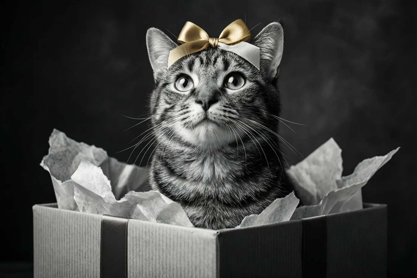 Een gestreepte kat met een gouden strik op haar kop zit rechtop in een geschenkdoos met gescheurd wit papier tegen een donkere achtergrond.