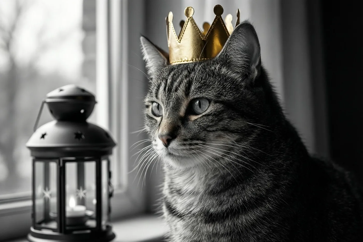 Een gestreepte kat met een gouden papieren kroon zit bij een raam naast een zwarte sterrenlantaarn, in een zwart-witbeeld waarin alleen de kroon kleur heeft.
