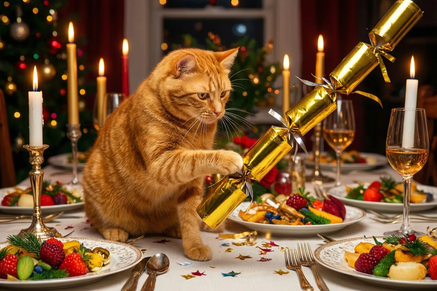 Een rosse kat zit op een feestelijk gedekte tafel en tikt tegen een grote gouden knalbonbon, omringd door borden eten, wijnglazen en brandende kaarsen.