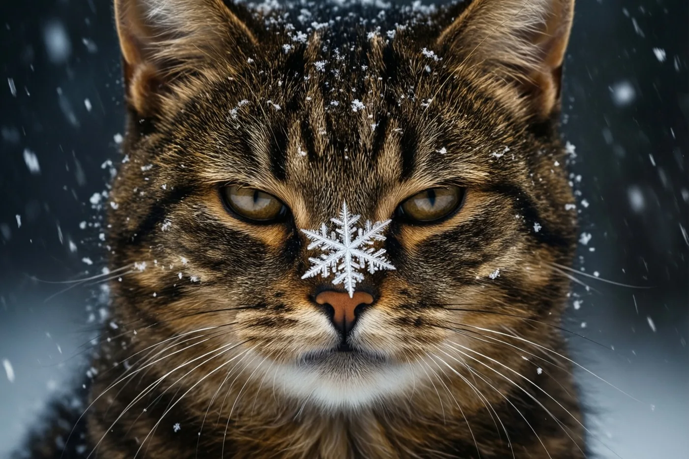 Een gestreepte kat met een grote sneeuwvlok op haar neus kijkt recht naar de kijker met een schijnbaar verontwaardigde blik terwijl er sneeuw valt.