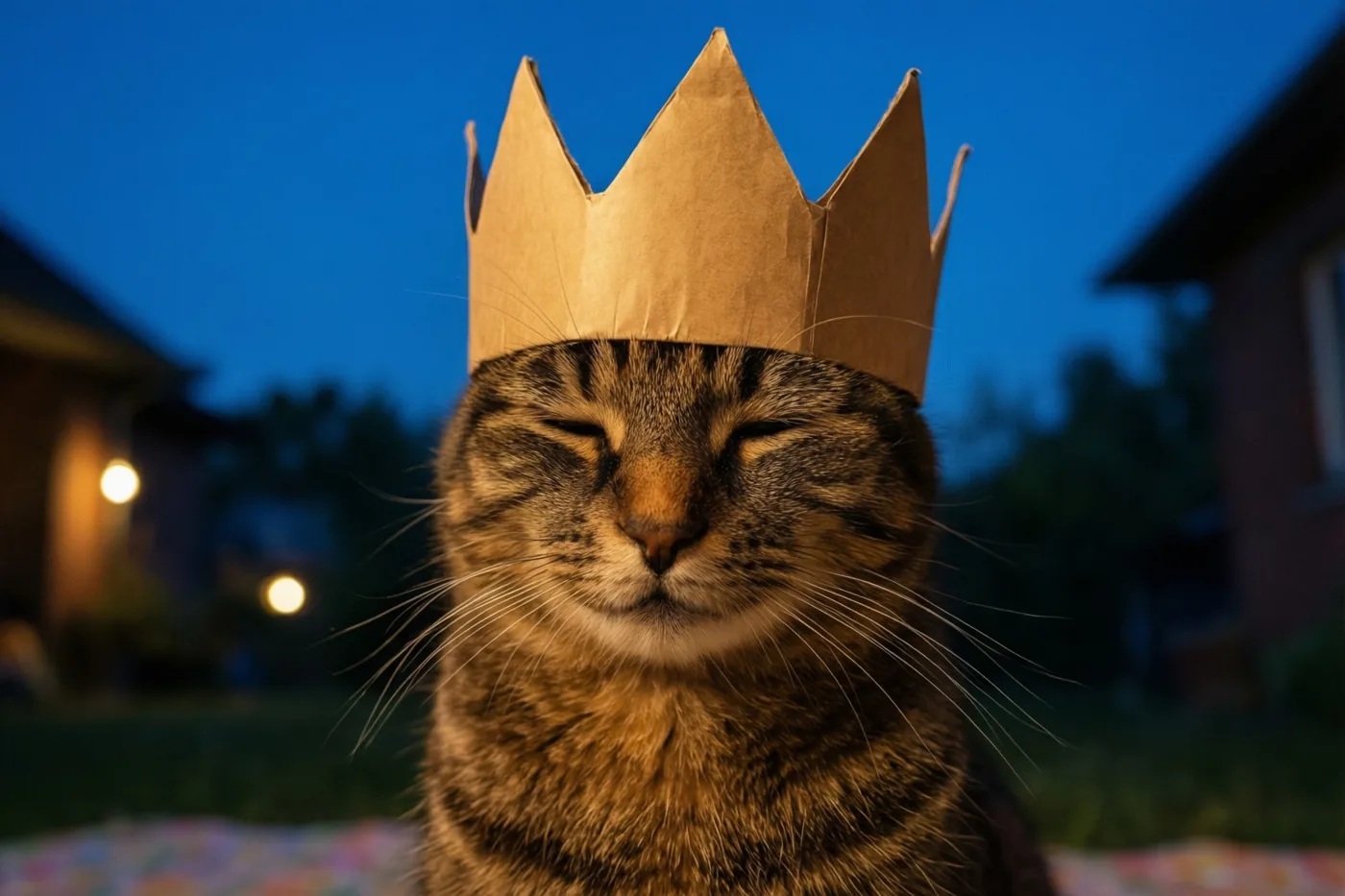 Een gestreepte kat is van dichtbij te zien met een papieren kroon die over haar ogen zakt, buiten bij schemering met een blauwe lucht en warme lampen op de achtergrond.