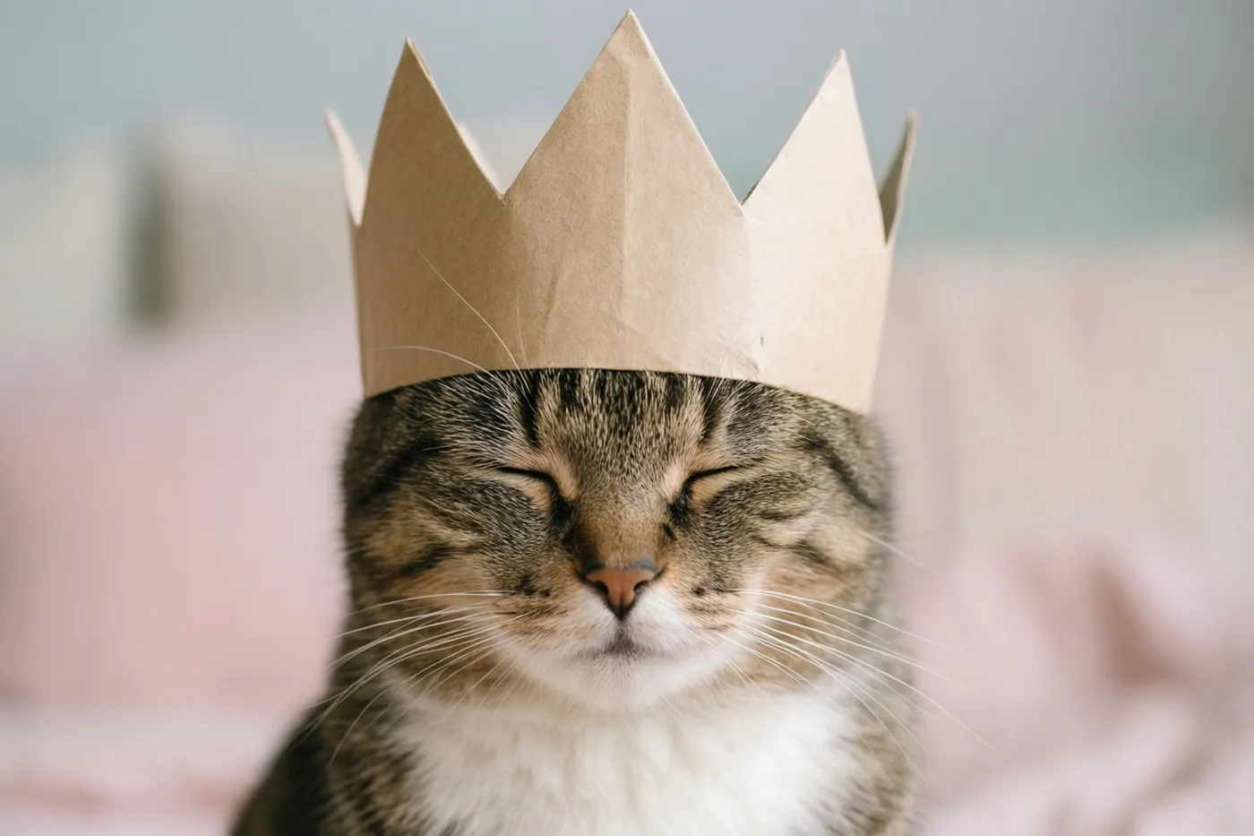 Een gestreepte kat met een witte borst draagt een bruine papieren kroon die over haar ogen is gezakt, tegen een zacht wazige achtergrond in roze en lichtblauw.