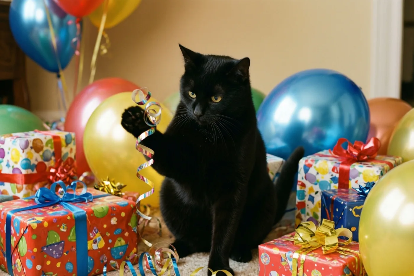 Een zwarte kat zit tussen ingepakte verjaardagscadeaus en ballonnen in rood, goud, blauw en geel en tikt met haar poot naar een gekruld lint.