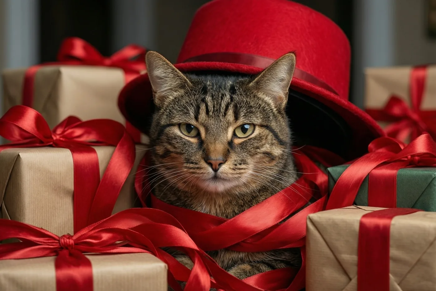 Een gestreepte kat met een rode mijter zit tussen ingepakte cadeaus met rode linten, in warme tinten.